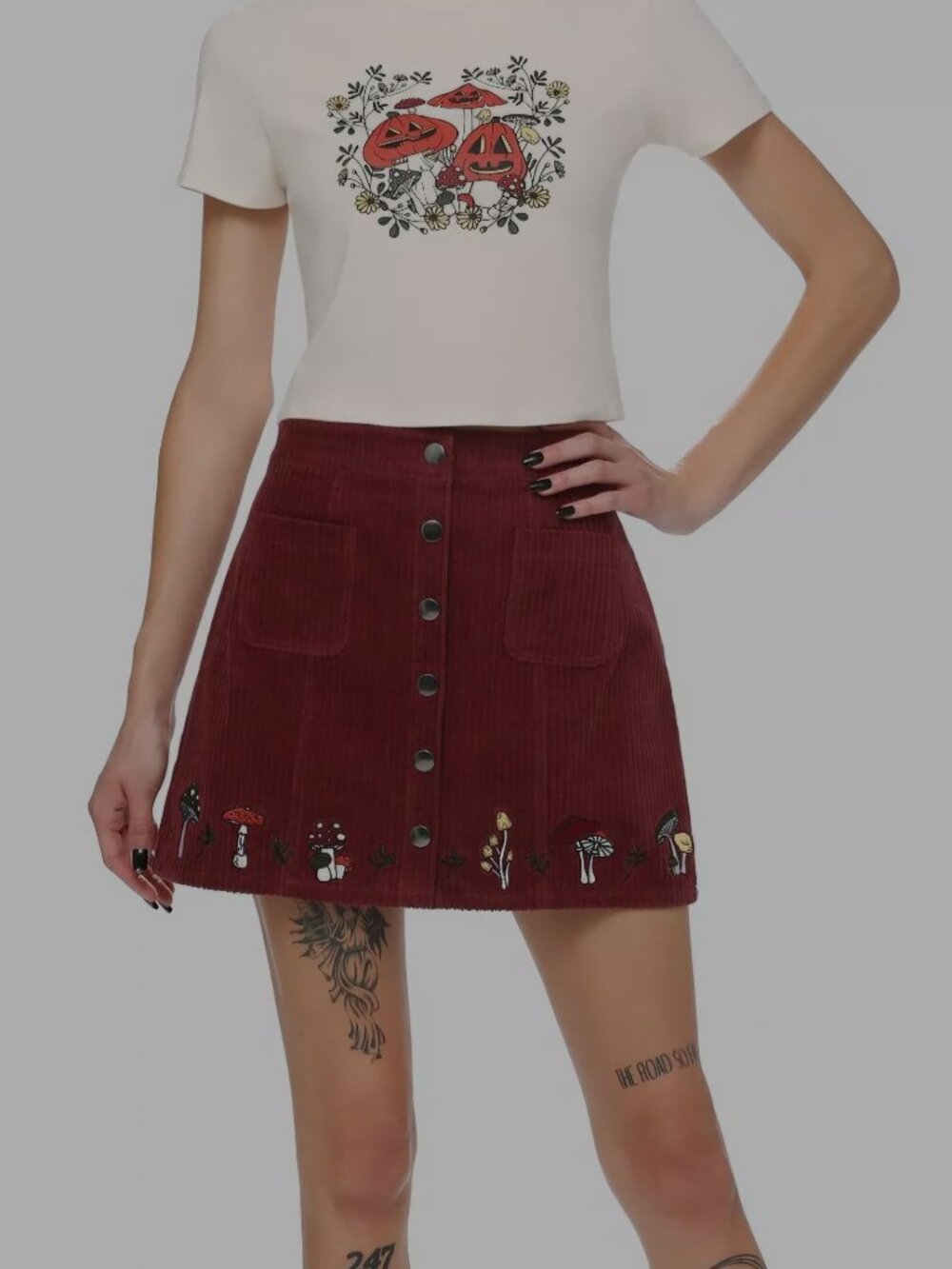 Hot Topic Thorn & Fable Mushroom Burgundy Corduroy Skirt
